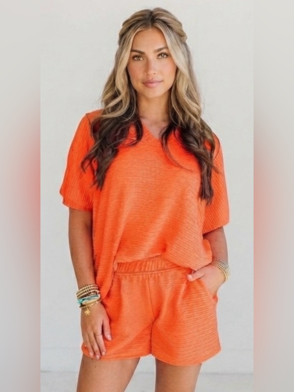 Golden Hour Set Beachy BohoTextured Orange V-Neck Two-Piece Lounge NWT‎ Medium